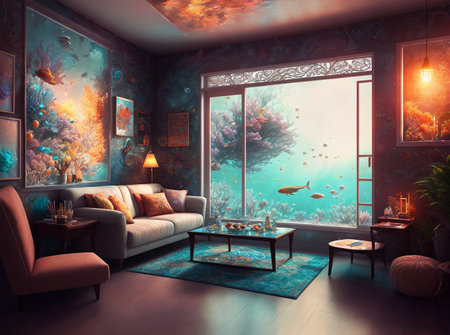 Interior of the underwater living room. 3D rendering, 3D illustration.の素材