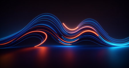 3d rendering, abstract background with blue light lines, glowing waves.の素材