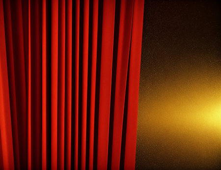 Red velvet curtain with golden spotlights. Cinema or theater background.の素材