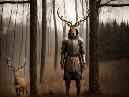 3D rendering of a medieval warrior deer in the forestの素材