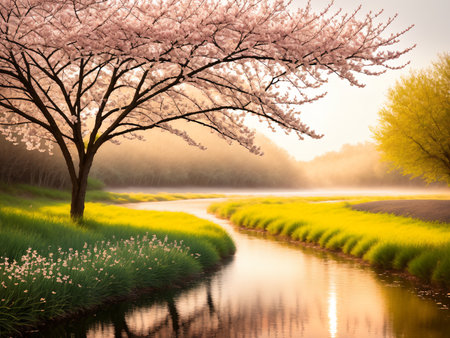 Spring landscape with blooming trees and river in the morning mist.の素材