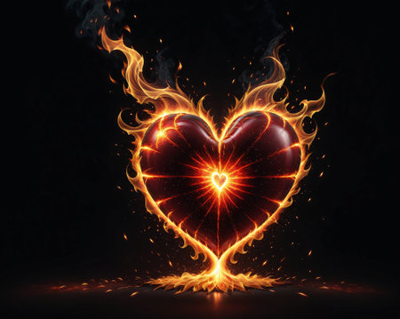 Burning heart on a dark background. Valentine's Day. Vector illustrationの素材
