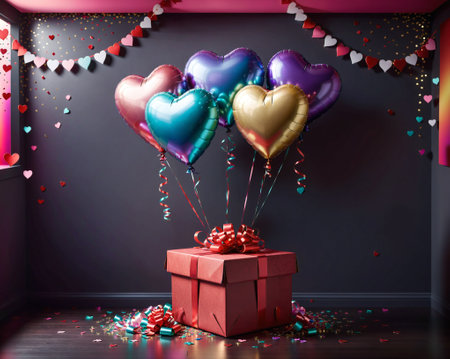 Valentine's day background with gift box, balloons and confettiの素材