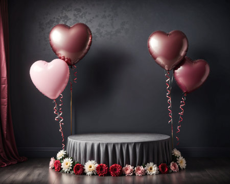 Valentine's Day background with red heart balloons and empty podium. 3d renderの素材