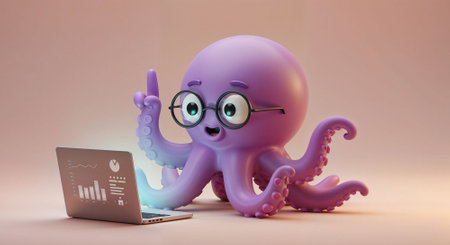 Octopus with glasses and a laptop on a pink background. 3d rendering.の素材