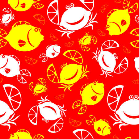 Seamless pattern with crab, fish and lemon symbols. Can be used for invitations, greeting cards, print, gift wrapのイラスト素材