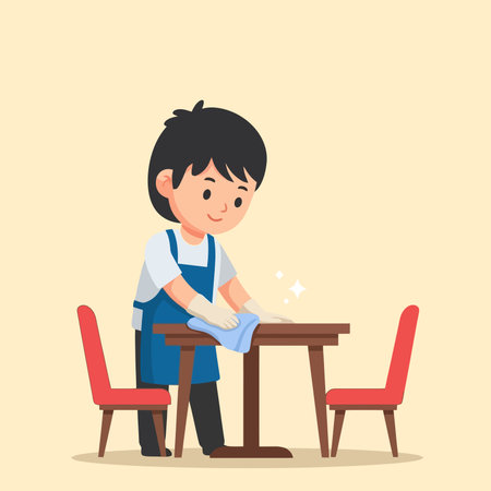 Cute boy cleaning table.のイラスト素材
