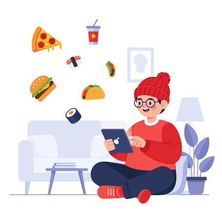 Young woman sitting on the floor in front of a laptop and eating fast food.のイラスト素材