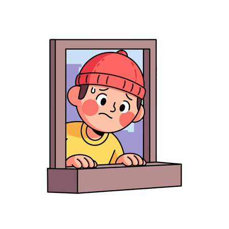 A boy in a red cap looks out of the window.のイラスト素材
