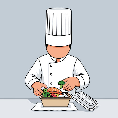 Illustration of a chef cooking a dish in a restaurant.のイラスト素材