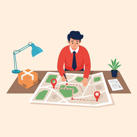 Businessman sitting at the table and looking at map.のイラスト素材