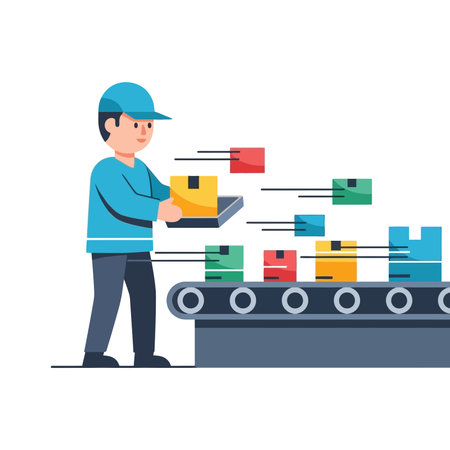 Conveyor belt with boxes. Factory worker.のイラスト素材