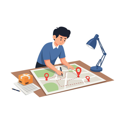 Young man in casual clothes is sitting at the table and drawing a city map.のイラスト素材