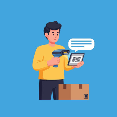 Delivery man holding POS terminal and box.のイラスト素材