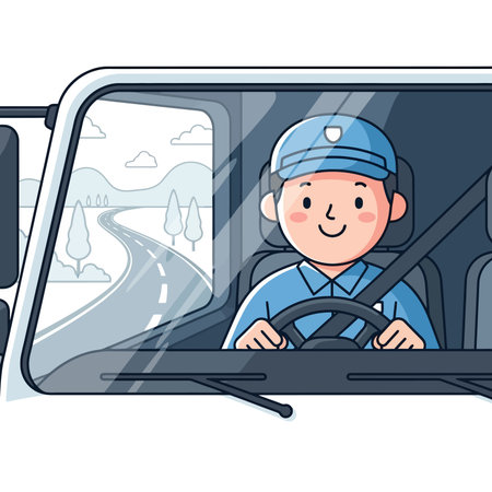 Vector illustration of a young man driving a car on the road.のイラスト素材
