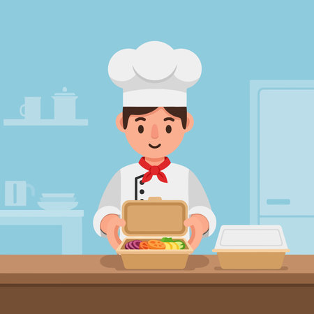 Chef in the kitchen with a box of food.のイラスト素材