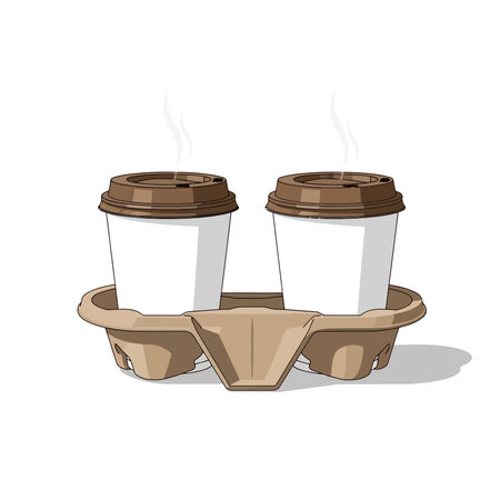 Illustration of two paper cups of coffee in a cardboard box.のイラスト素材