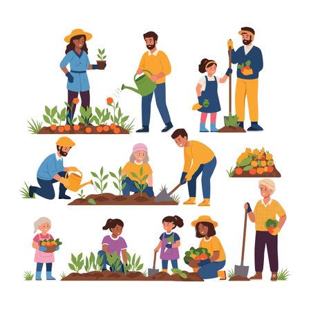 Gardening people characters set, flat vector illustration isolated on white background.のイラスト素材