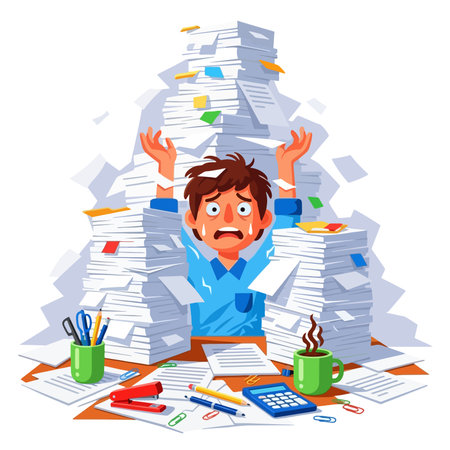 Overworked man sitting at the desk with piles of papers.のイラスト素材