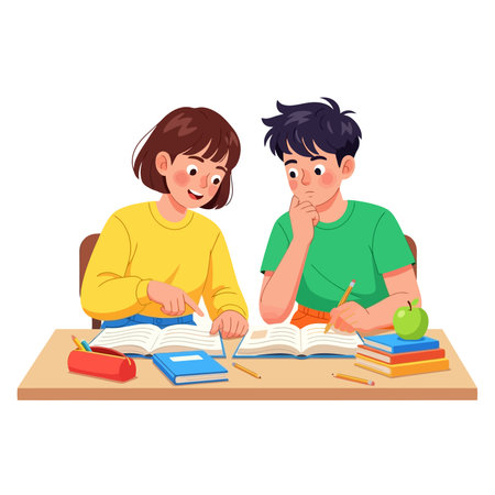 Boy and girl sitting at table and doing homework. School boy and girl doing homework.のイラスト素材