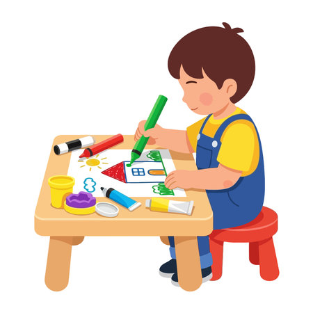 Little boy sitting at the table and drawing with felt-tip pens.のイラスト素材