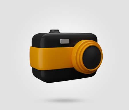 Photo camera yellow and black color with with lens and button. Isolated white background. photography concept of a camera symbol. Cartoon minimal style. 3d rendered illustration.の写真素材