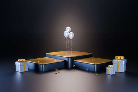 Podium with golden gift boxes, shopping bags, and balloons on dark background. Promotion sale with gifts and balloons. 3D Rendered Illustration.の写真素材