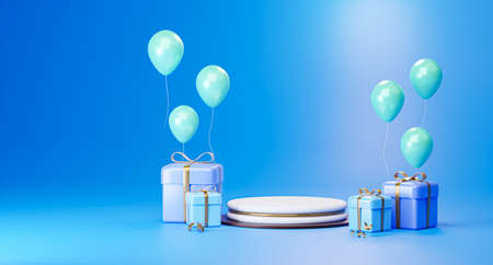 Podium and gift boxes, shopping bag, and balloon on minimal blue background. Promotion sale with gifts and balloons. 3D Rendered Illustration.の写真素材