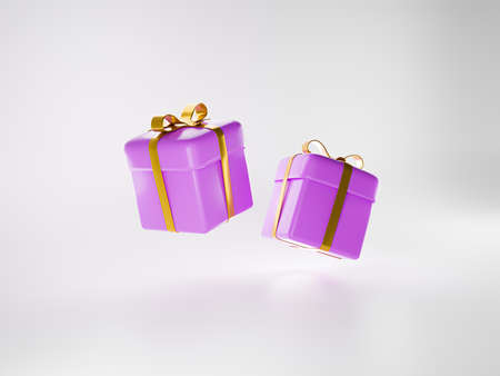 Gift boxes 3d render flying modern holiday surprise box. Purple gift boxes with golden ribbon and bow. Birthday celebration concept. 3D rendered illustration.の写真素材