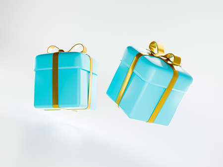 Gift boxes 3d render flying modern holiday surprise box. Purple gift boxes with golden ribbon and bow. Birthday celebration concept. 3D rendered illustration.の写真素材