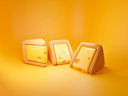 Cheese realistic 3D triangle piece. Dairy product or Cheddar hard cheese slice with holes isolated icon on yellow background. Triangle dairy item, Swiss cheese, fat foodの写真素材