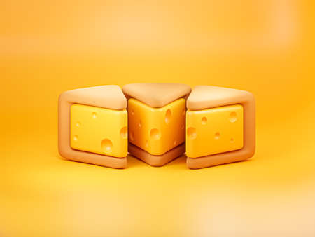 Cheese realistic 3D triangle piece. Dairy product or Cheddar hard cheese slice with holes isolated icon on yellow background. Triangle dairy item, Swiss cheese, fat foodの写真素材