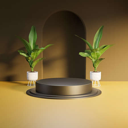 Product display podium decorated with pearls and leaves. Cosmetics or beauty product promotion mockup. Natural stone step pedestal. Stage display platform background. 3d renderの写真素材