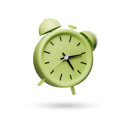 Green alarm clock isolated on white background. 3d render illustration.