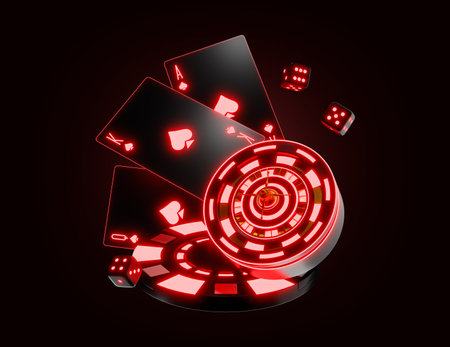 3d rendering of red casino chips and cards isolated on black backgroundの写真素材