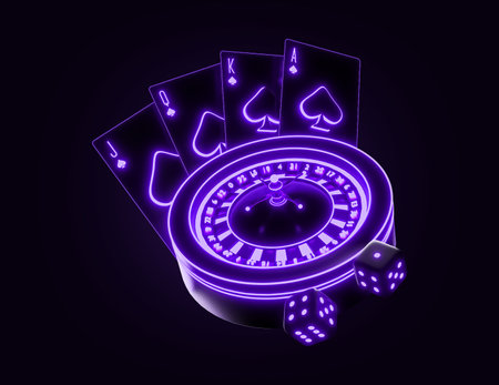 Casino neon sign with roulette wheel, playing cards and dice. Vector illustrationの写真素材