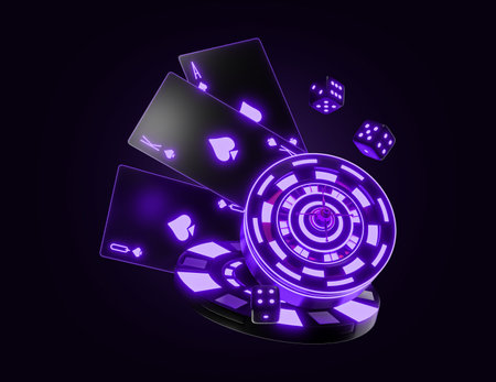 3d render of casino chips and cards on dark background. Casino conceptの写真素材