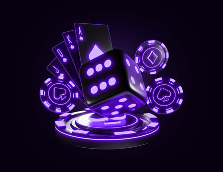 3d render of casino chips and dice on a dark background.の写真素材