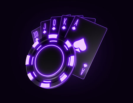 Neon poker chips and playing cards on dark background. Vector illustrationの写真素材