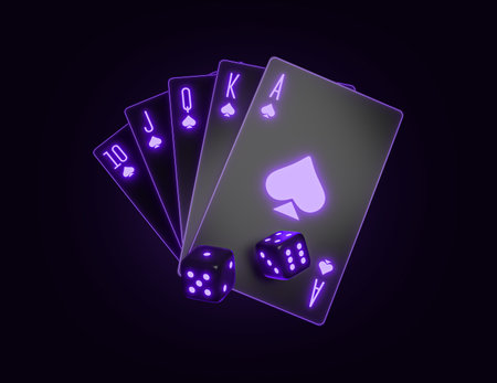 3d rendering of playing cards, chips and dice on dark background