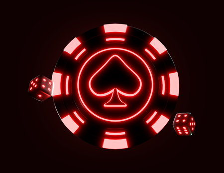Casino neon red casino chip with playing cards. Vector illustration.の写真素材