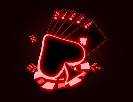 Playing cards with red casino chips on dark background. Vector illustration.の写真素材