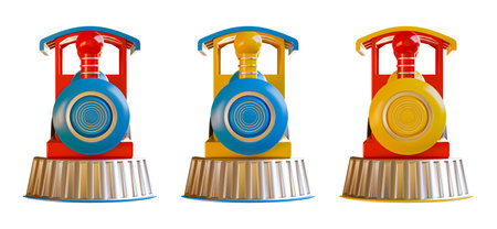 3d rendering of a set of yellow and blue toy engines isolated on white backgroundの写真素材
