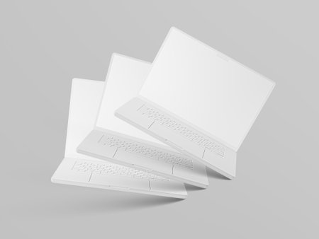 White laptop mockup isolated on soft gray background. 3D renderingの写真素材