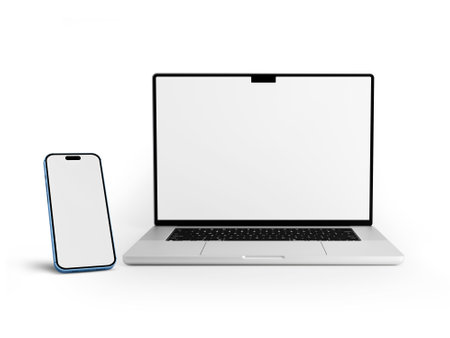 Laptop and smartphone on a white background. 3d rendering.の写真素材