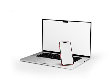 Laptop and mobile phone on white background. 3d rendering.の写真素材