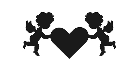 Silhouette of two amour cupid babies, symbol ancient mythology angle holding heart isolated on white background for decorate on valentine's day, Vector illustration.のイラスト素材