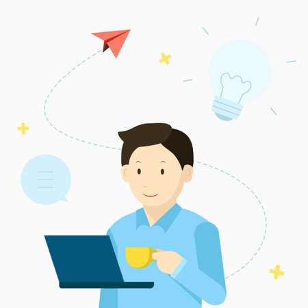 Businessman drinking coffee while looking at information on laptop. Vector Illustrationのイラスト素材