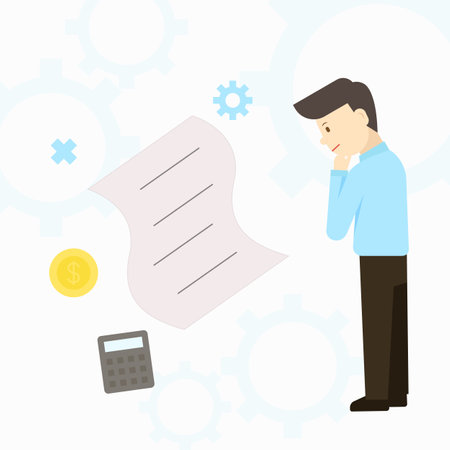 Businessman looking at data document while elements are around. Vector Illustrationのイラスト素材