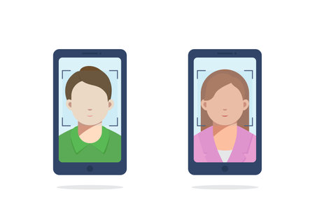 Technological face scanning on smartphone, Face identification, Face recognition, Vector illustrationのイラスト素材